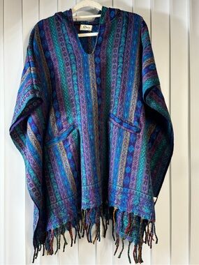 Rhea Hooded Boho Poncho Cape Fringe Sweater Shawl Blue Purple OS